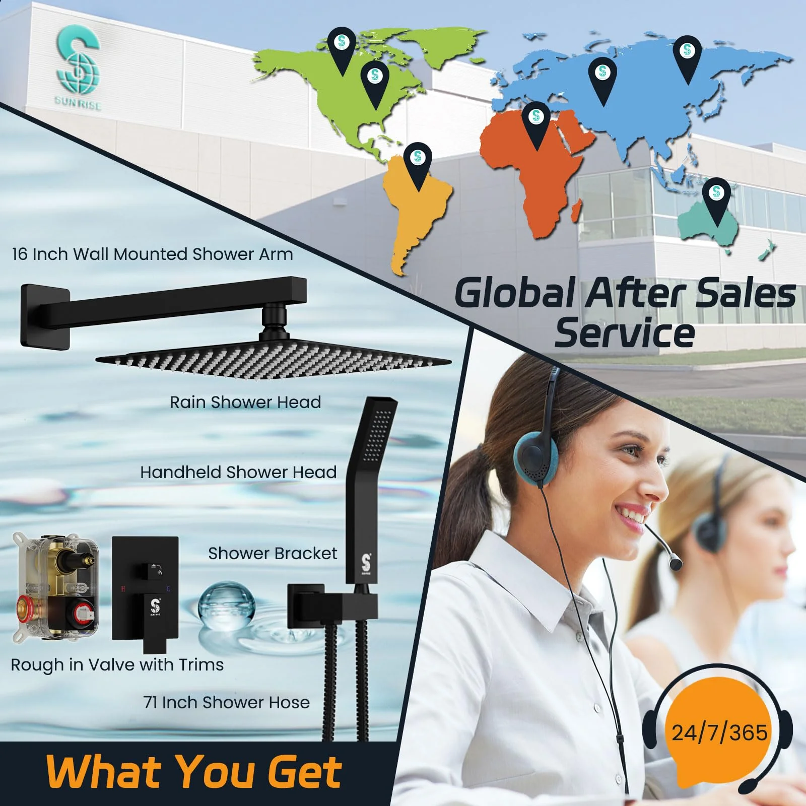 SR SUN RISE Matte Black Shower System with 10" Rainfall Head & Handheld, cUPC Certified, High Pressure, Durable Brass & Stainless Steel