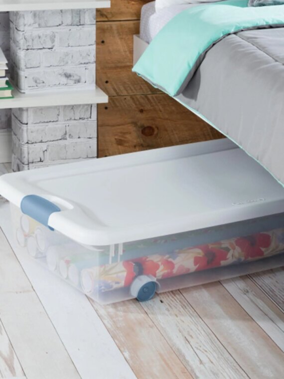 Sterilite 56 Qt Wheeled Latching Storage Box Set of 4, Stackable Underbed Bins, Clear, USA-Made