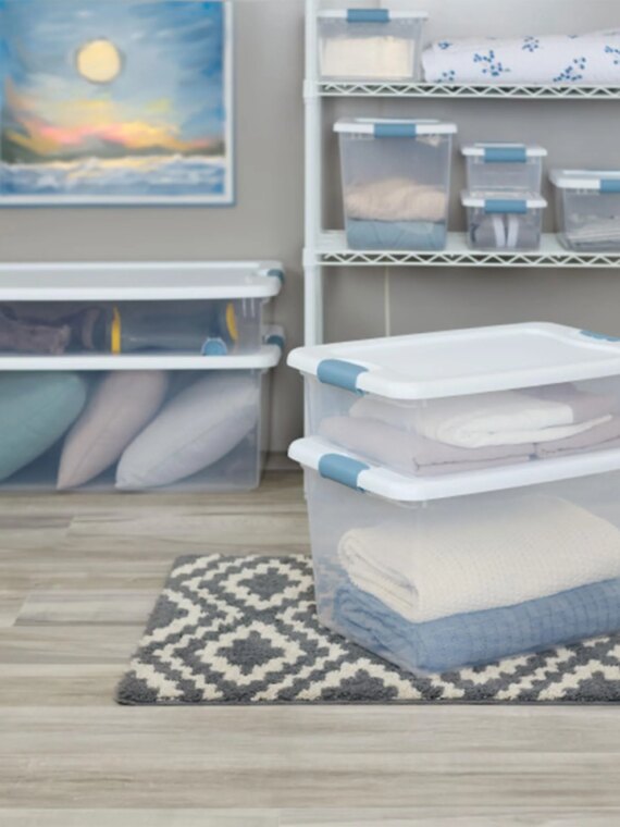 Sterilite 56 Qt Wheeled Latching Storage Box Set of 4, Stackable Underbed Bins, Clear, USA-Made