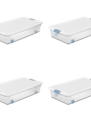 Sterilite 56 Qt Wheeled Latching Storage Box Set of 4, Stackable Underbed Bins, Clear, USA-Made
