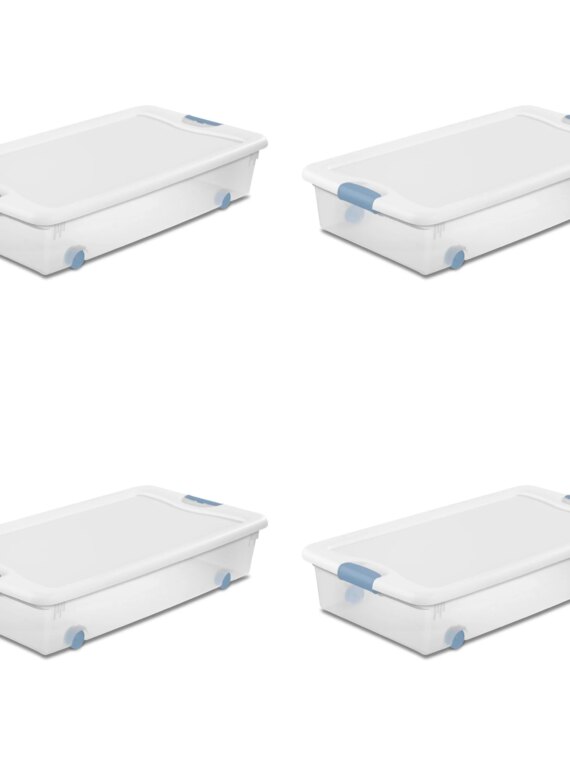 Sterilite 56 Qt Wheeled Latching Storage Box Set of 4, Stackable Underbed Bins, Clear, USA-Made