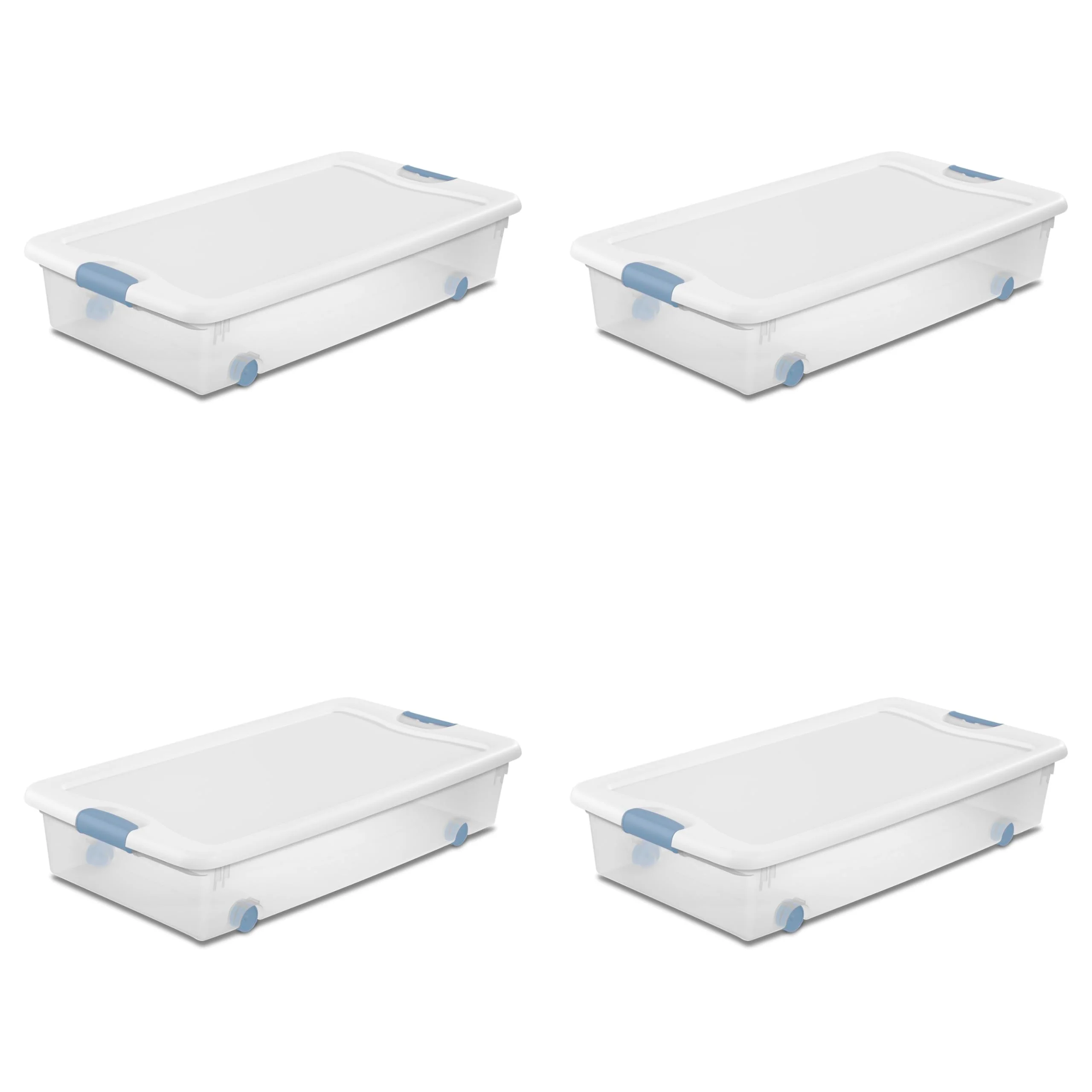 Sterilite 56 Qt Wheeled Latching Storage Box Set of 4, Stackable Underbed Bins, Clear, USA-Made