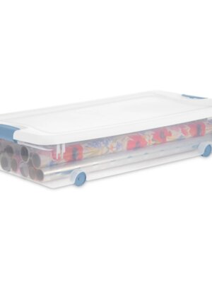 Sterilite 56 Qt Wheeled Latching Storage Box Set of 4, Stackable Underbed Bins, Clear, USA-Made