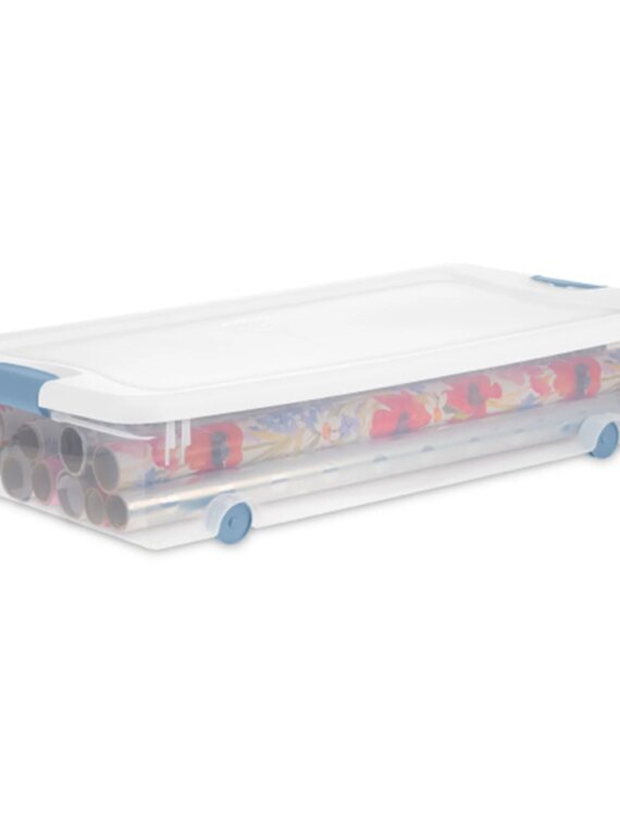 Sterilite 56 Qt Wheeled Latching Storage Box Set of 4, Stackable Underbed Bins, Clear, USA-Made