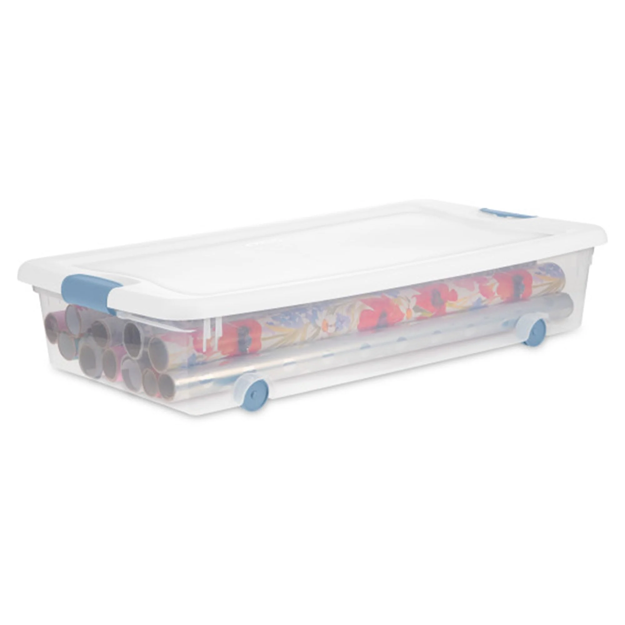 Sterilite 56 Qt Wheeled Latching Storage Box Set of 4, Stackable Underbed Bins, Clear, USA-Made