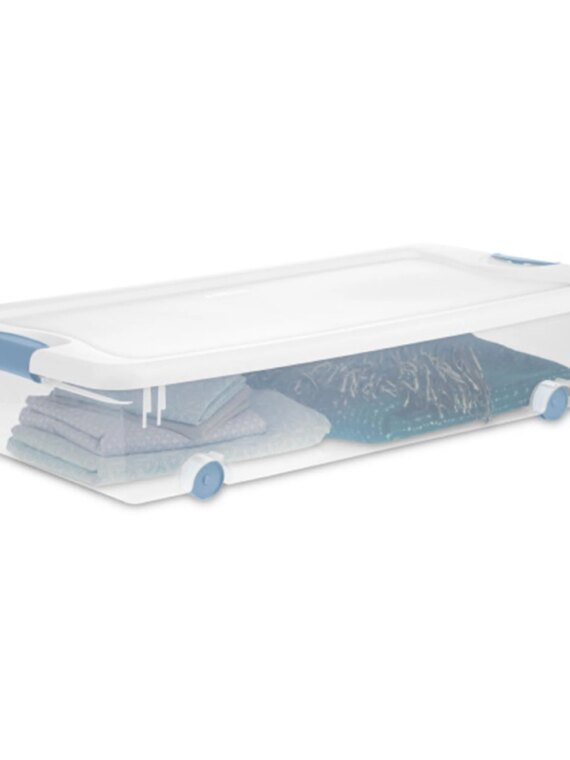 Sterilite 56 Qt Wheeled Latching Storage Box Set of 4, Stackable Underbed Bins, Clear, USA-Made