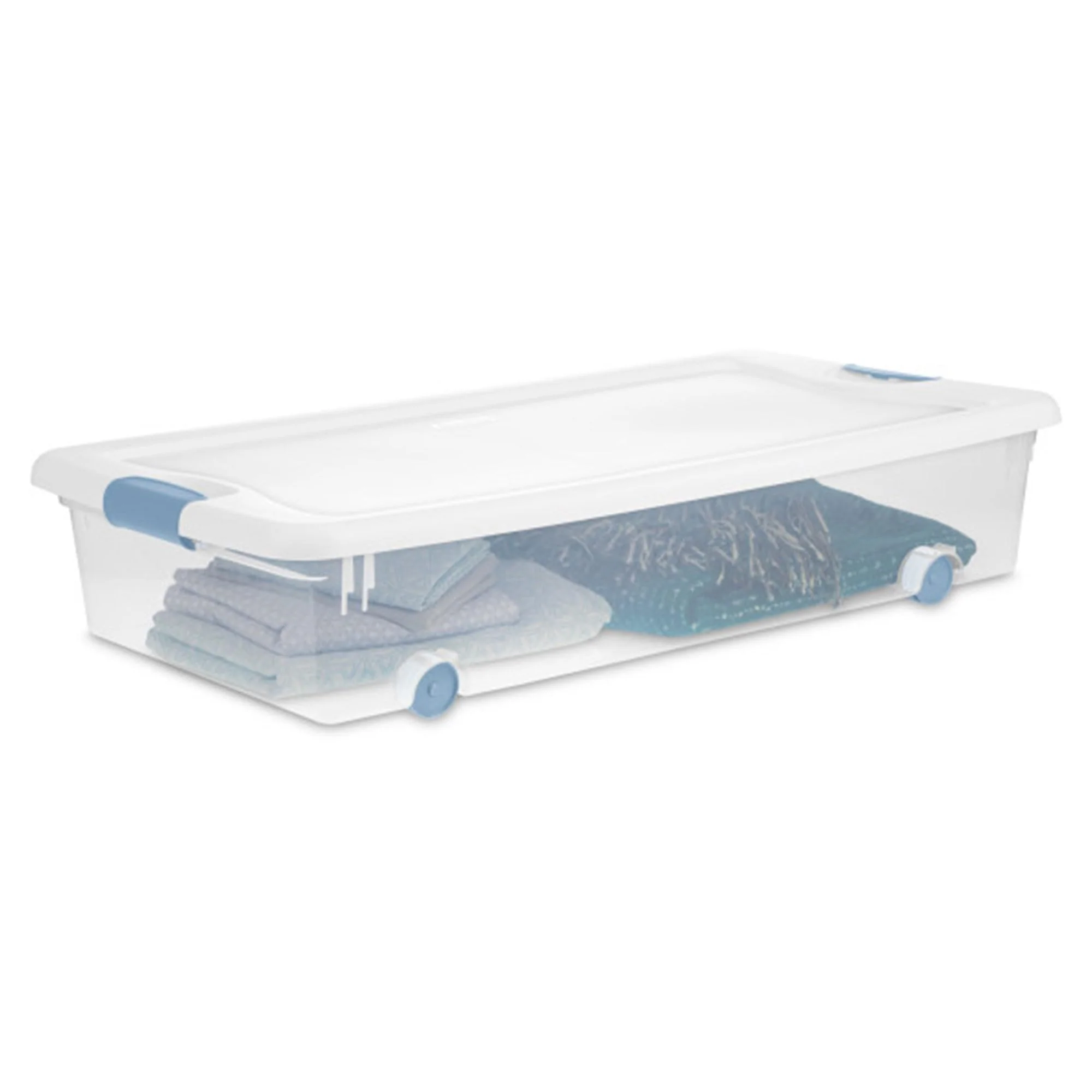 Sterilite 56 Qt Wheeled Latching Storage Box Set of 4, Stackable Underbed Bins, Clear, USA-Made