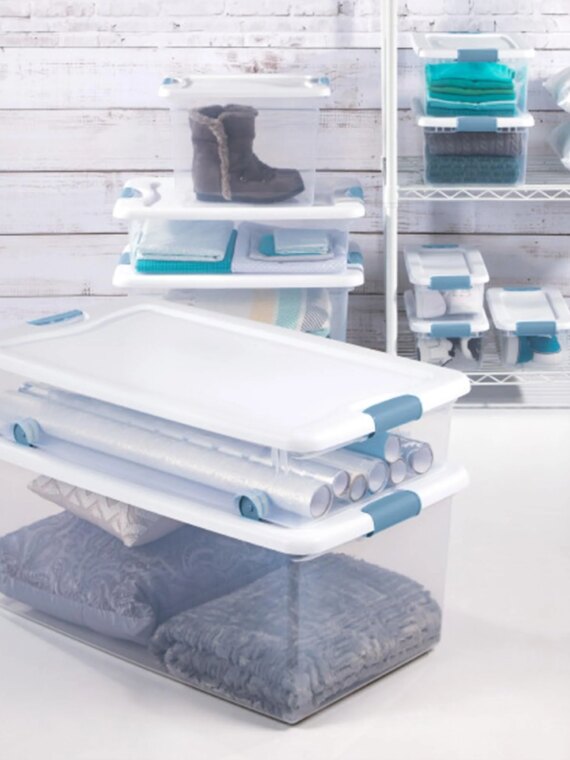 Sterilite 56 Qt Wheeled Latching Storage Box Set of 4, Stackable Underbed Bins, Clear, USA-Made