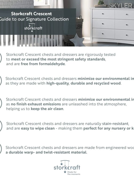 Storkcraft Crescent 6-Drawer Dresser, GREENGUARD Gold Certified, White, Nursery & Kids' Bedroom Furniture