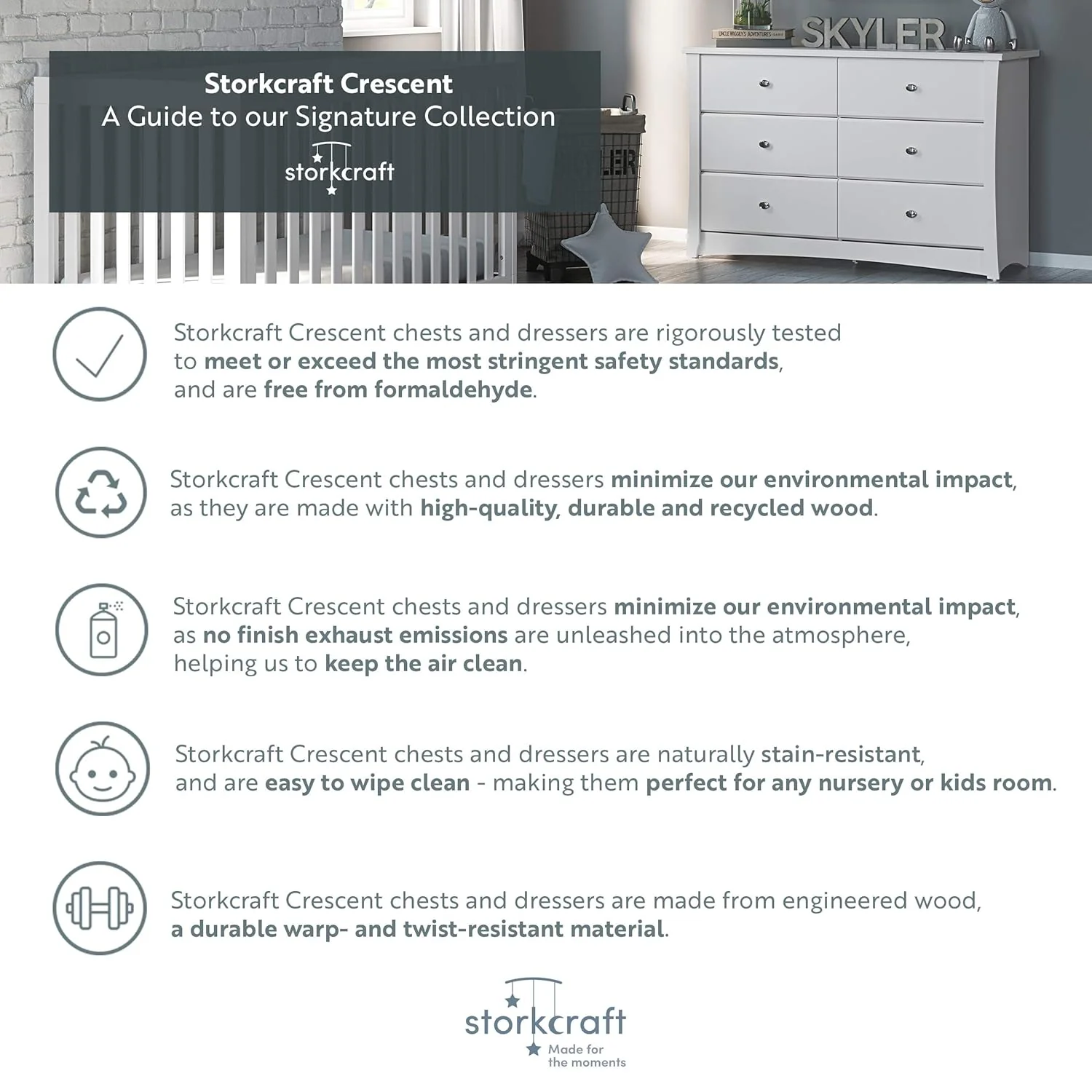 Storkcraft Crescent 6-Drawer Dresser, GREENGUARD Gold Certified, White, Nursery & Kids' Bedroom Furniture