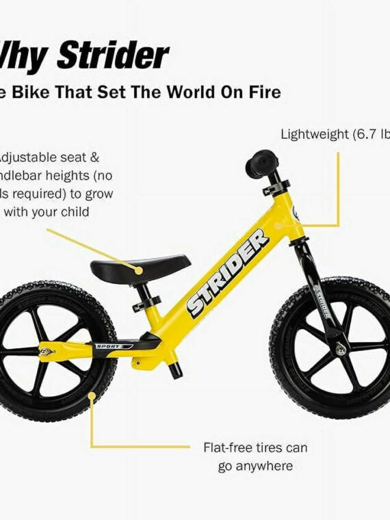 Strider 12 Sport Balance Bike, Yellow - Lightweight, Adjustable Seat, Ages 18 Months to 5 Years