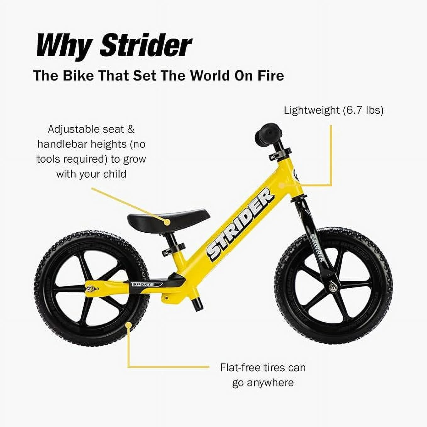 Strider 12 Sport Balance Bike, Yellow - Lightweight, Adjustable Seat, Ages 18 Months to 5 Years