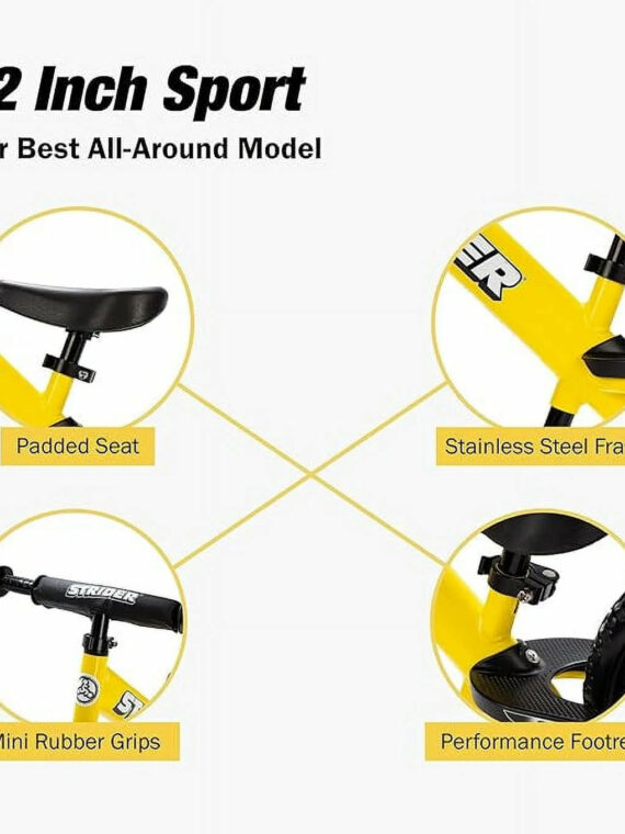 Strider 12 Sport Balance Bike, Yellow - Lightweight, Adjustable Seat, Ages 18 Months to 5 Years