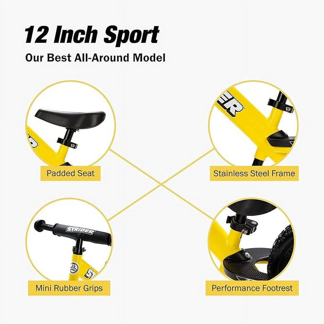 Strider 12 Sport Balance Bike, Yellow - Lightweight, Adjustable Seat, Ages 18 Months to 5 Years