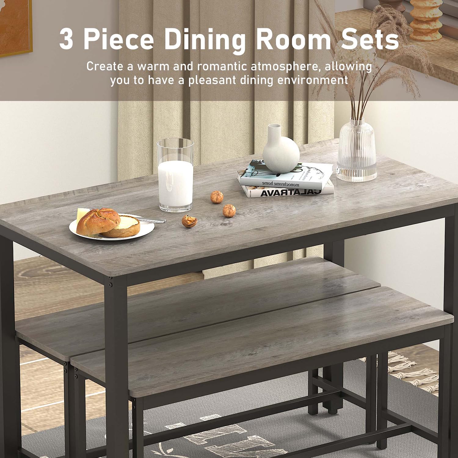 SumKea 3-Piece Dining Set with 4-Bar Table & 2 Benches, 43.3" Wood, Space-Saving Design for Kitchens