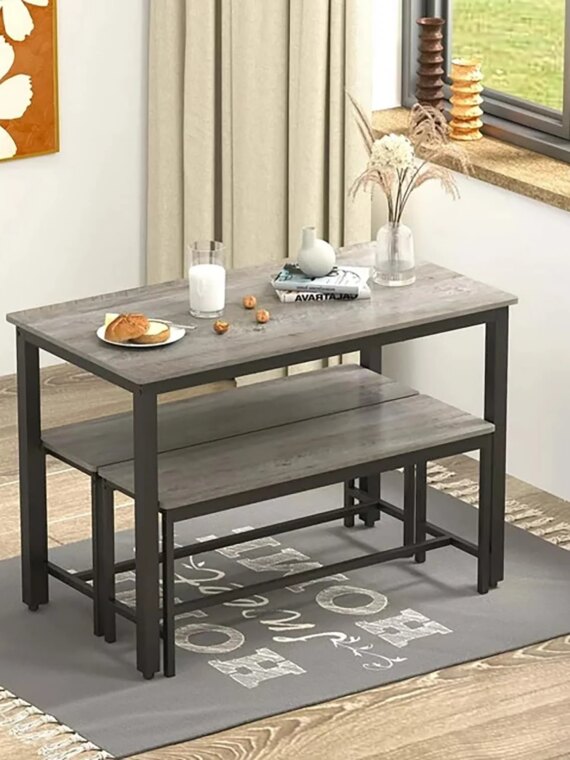 SumKea 3-Piece Dining Set with 4-Bar Table & 2 Benches, 43.3" Wood, Space-Saving Design for Kitchens