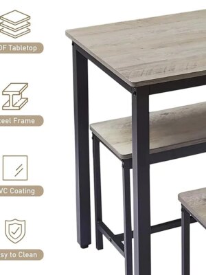 SumKea 3-Piece Dining Set with 4-Bar Table & 2 Benches, 43.3″ Wood, Space-Saving Design for Kitchens