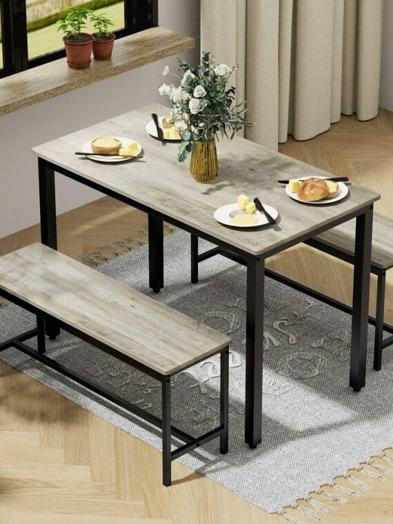 SumKea 3-Piece Dining Set with 4-Bar Table & 2 Benches, 43.3" Wood, Space-Saving Design for Kitchens