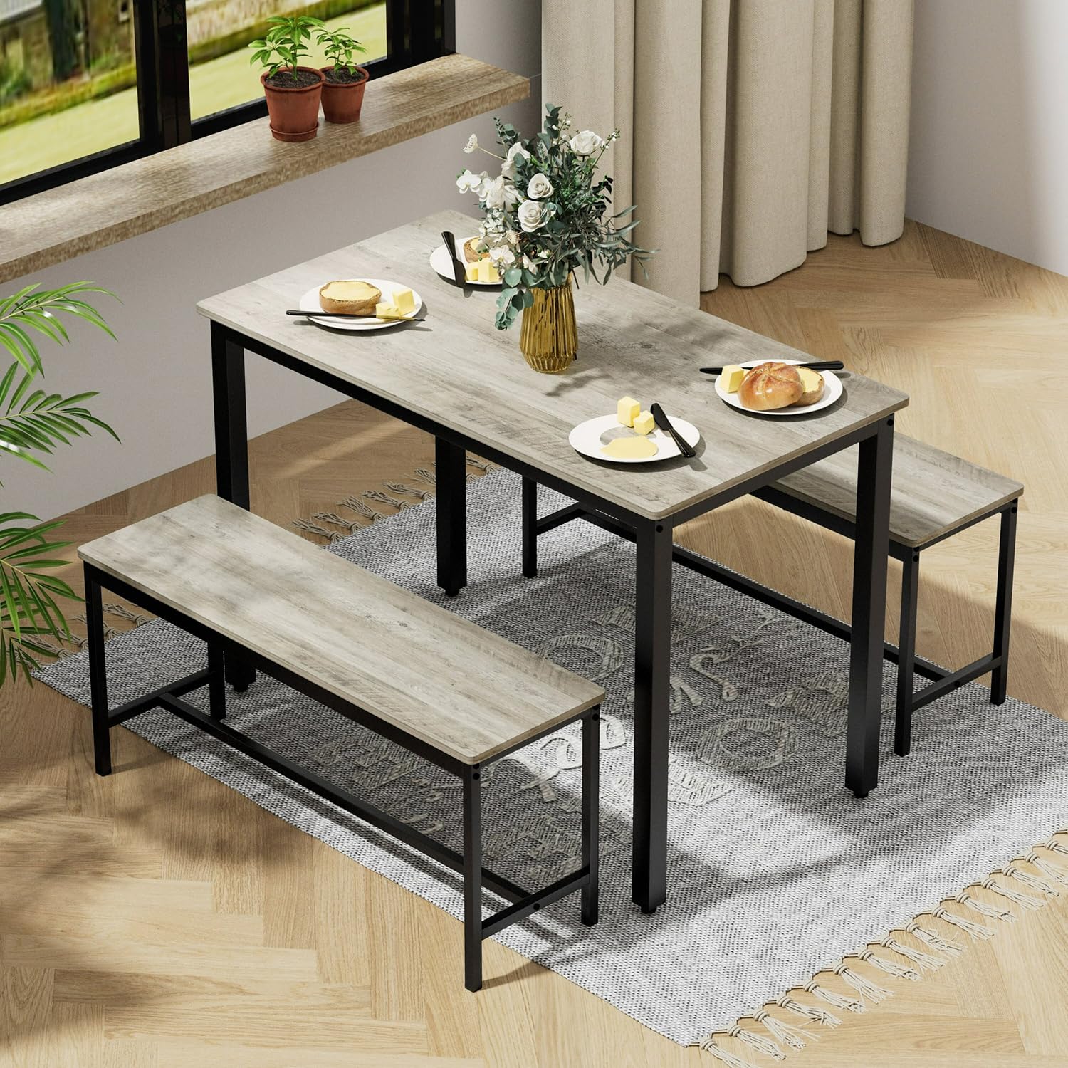 SumKea 3-Piece Dining Set with 4-Bar Table & 2 Benches, 43.3" Wood, Space-Saving Design for Kitchens