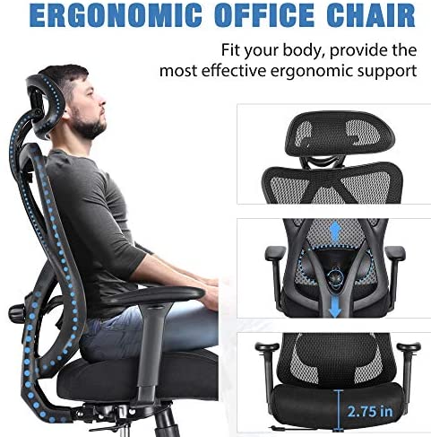 SUNNOW Ergonomic Mesh Office Chair, High Back Executive Desk Chair with Adjustable Lumbar Support & Armrests, Tilt Function, Black
