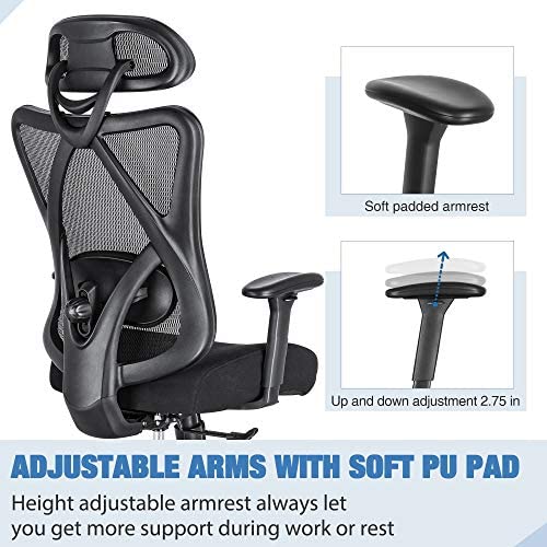 SUNNOW Ergonomic Mesh Office Chair, High Back Executive Desk Chair with Adjustable Lumbar Support & Armrests, Tilt Function, Black