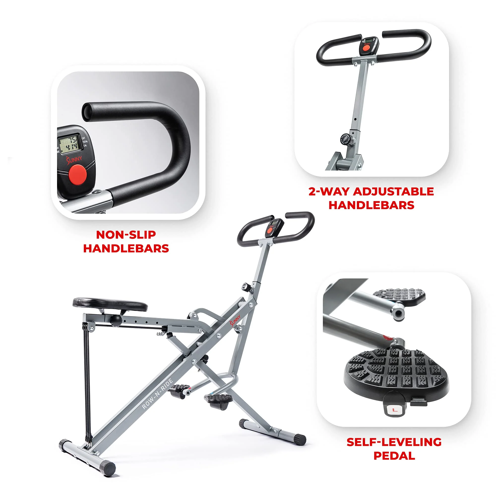 Sunny Health & Fitness Row-N-Ride Squat Assist Trainer, Full-Body Workout, Joint-Friendly, Compact, LCD Monitor