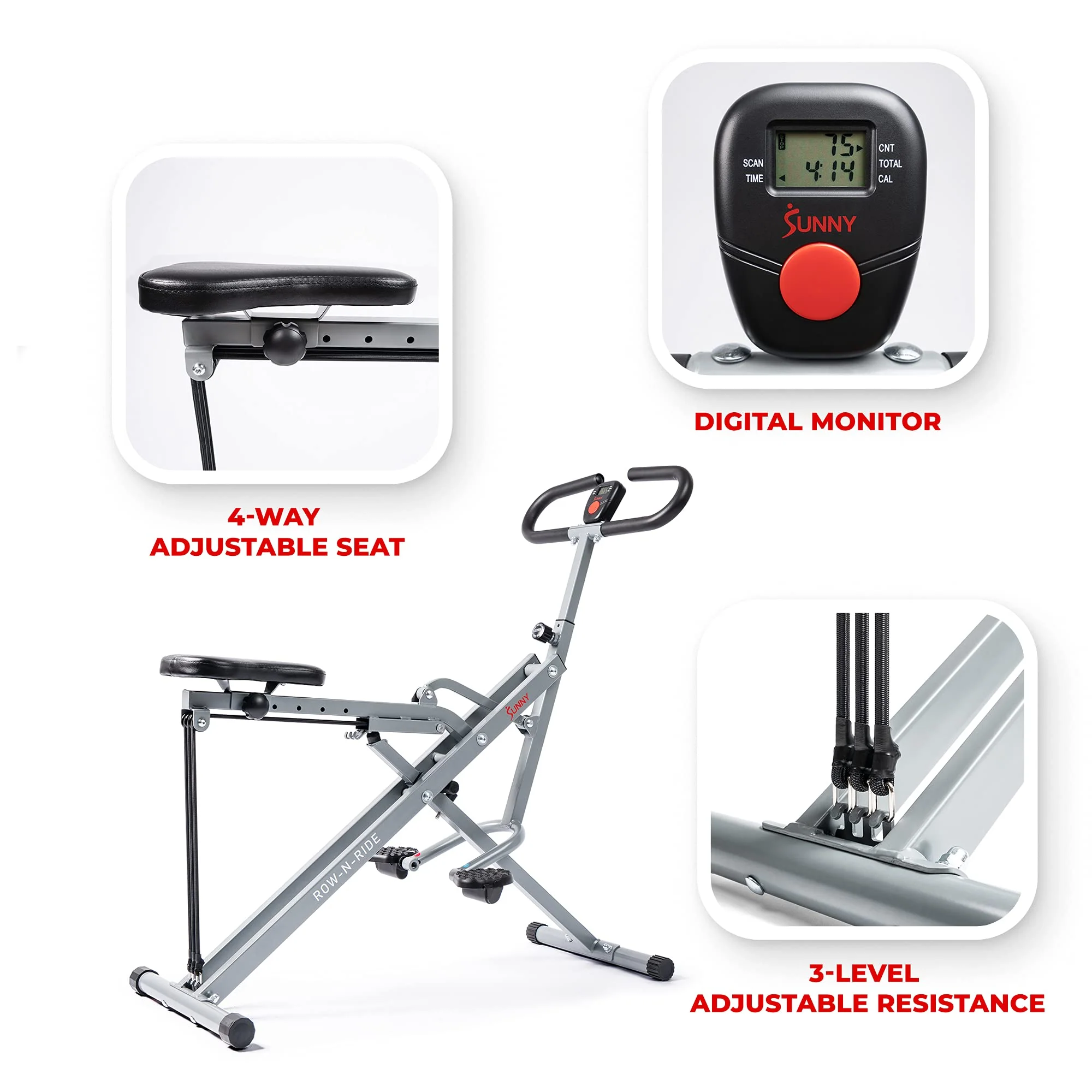 Sunny Health & Fitness Row-N-Ride Squat Assist Trainer, Full-Body Workout, Joint-Friendly, Compact, LCD Monitor