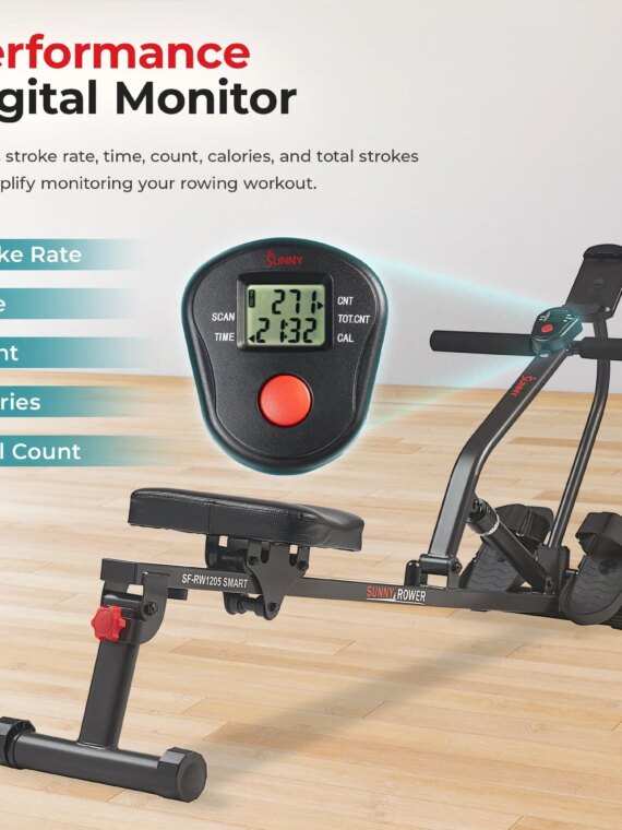 Sunny Health & Fitness Smart Adjustable Rowing Machine SF-RW1205, Bluetooth, 12 Resistance Levels, Compact, Ergonomic Seat