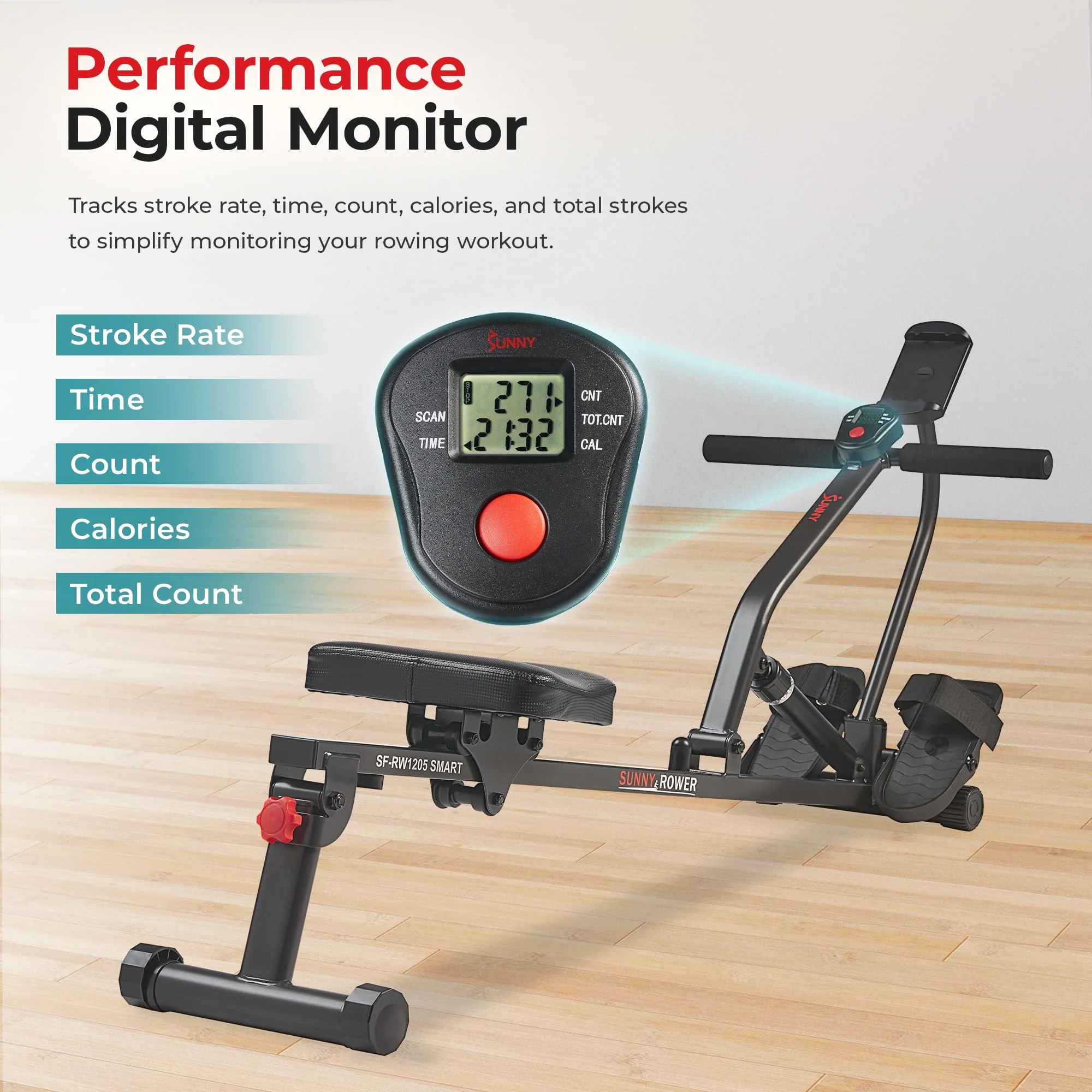 Sunny Health & Fitness Smart Adjustable Rowing Machine SF-RW1205, Bluetooth, 12 Resistance Levels, Compact, Ergonomic Seat