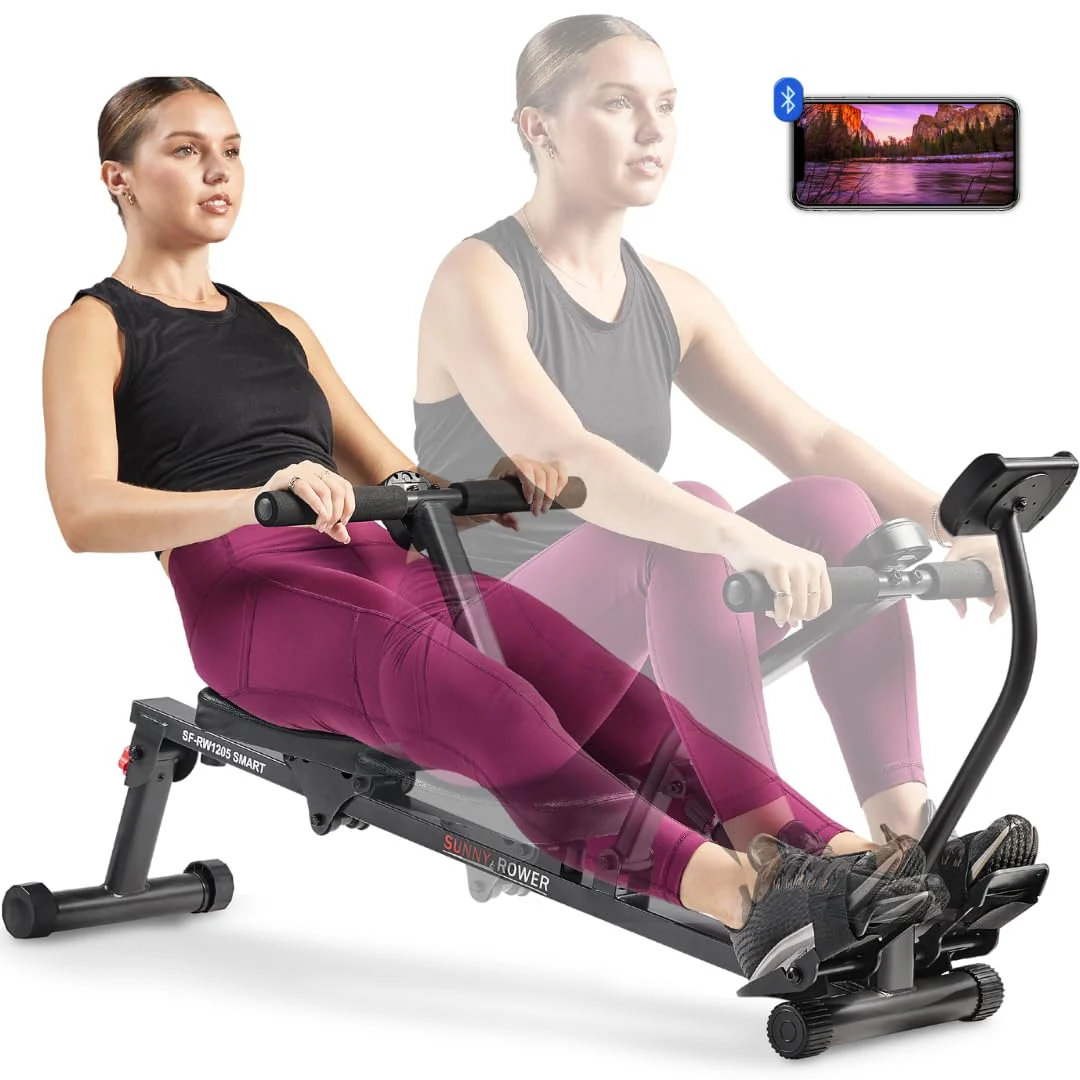 Sunny Health & Fitness Smart Adjustable Rowing Machine SF-RW1205, Bluetooth, 12 Resistance Levels, Compact, Ergonomic Seat