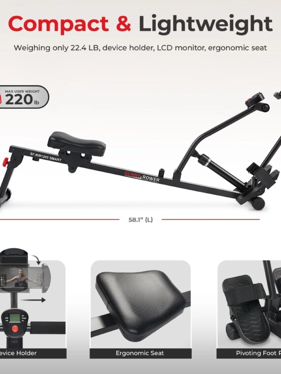 Sunny Health & Fitness Smart Adjustable Rowing Machine SF-RW1205, Bluetooth, 12 Resistance Levels, Compact, Ergonomic Seat