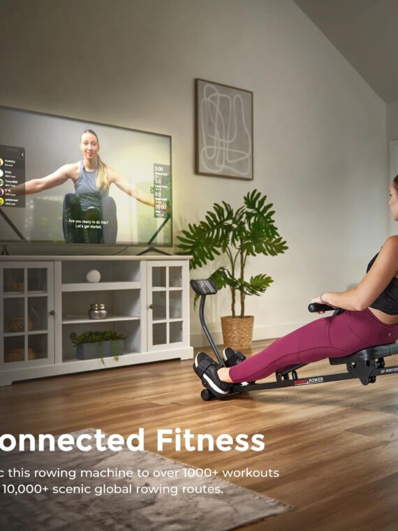 Sunny Health & Fitness Smart Adjustable Rowing Machine SF-RW1205, Bluetooth, 12 Resistance Levels, Compact, Ergonomic Seat
