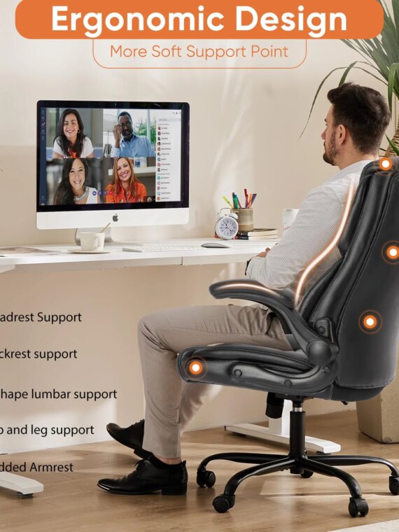 Sweetcrispy Ergonomic High Back Gaming Office Chair, PU Leather, Flip-up Armrests, 275 lbs Capacity