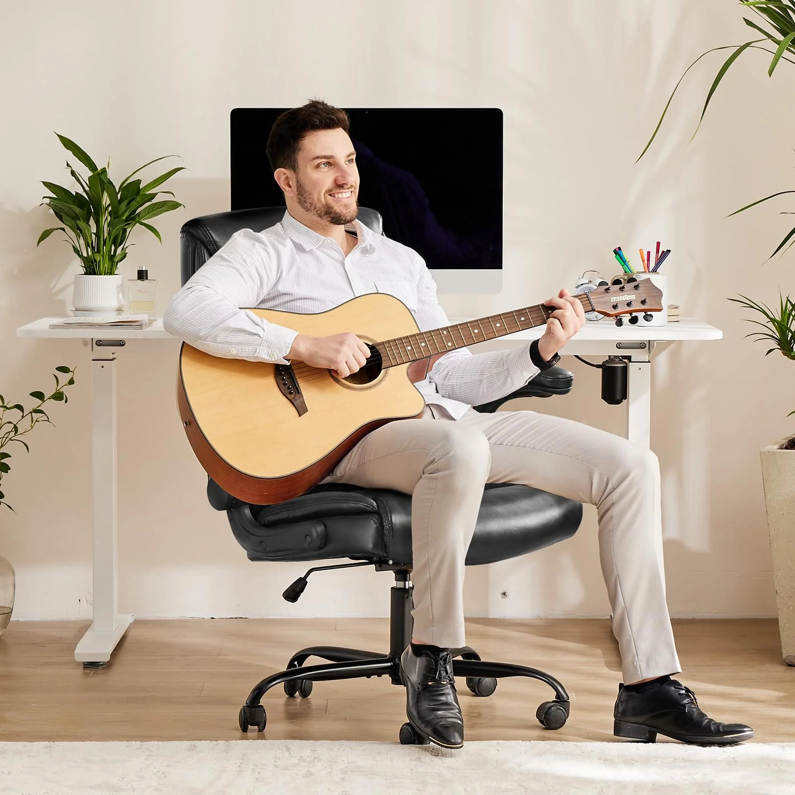 Sweetcrispy Ergonomic High Back Gaming Office Chair, PU Leather, Flip-up Armrests, Supports 275 lbs, Black