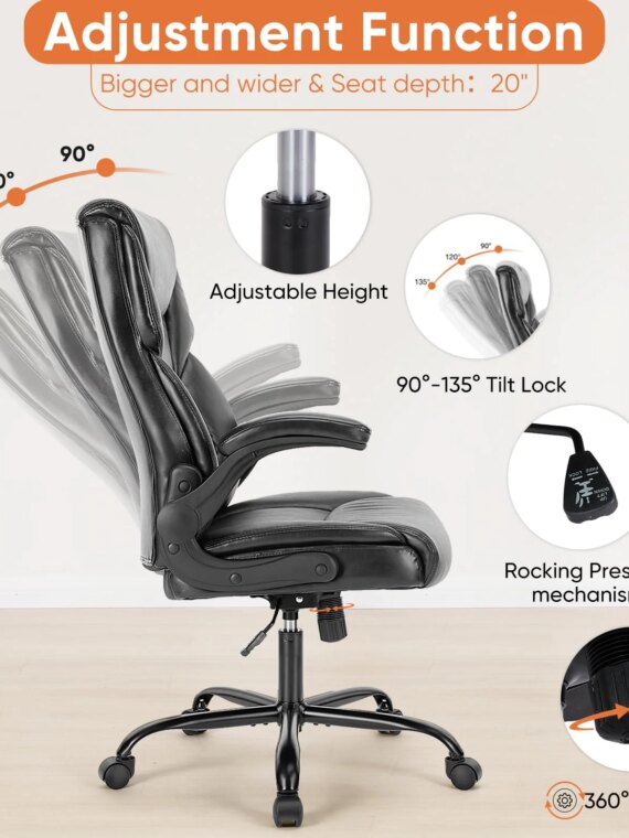 Sweetcrispy Ergonomic High Back Gaming Office Chair, PU Leather, Flip-up Armrests, Supports 275 lbs, Black