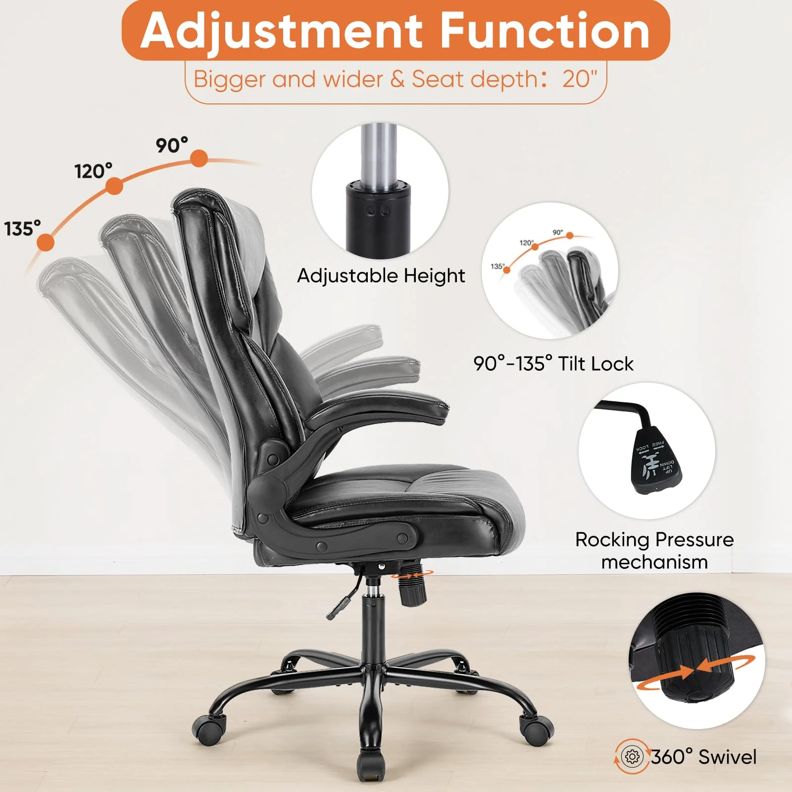 Sweetcrispy Ergonomic High Back Gaming Office Chair, PU Leather, Flip-up Armrests, Supports 275 lbs, Black