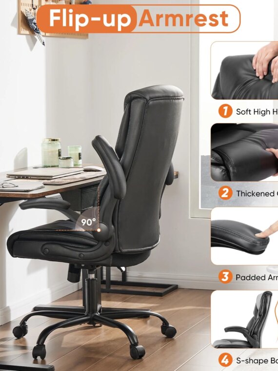Sweetcrispy Ergonomic High Back Gaming Office Chair, PU Leather, Flip-up Armrests, Supports 275 lbs, Black