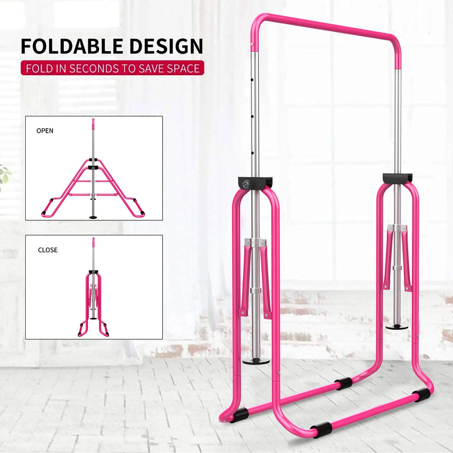 Tepemccu Children's Adjustable Gymnastics Bar with Pad, Foldable & Height-Adjustable, Ages 3-8, 140 lbs Limit