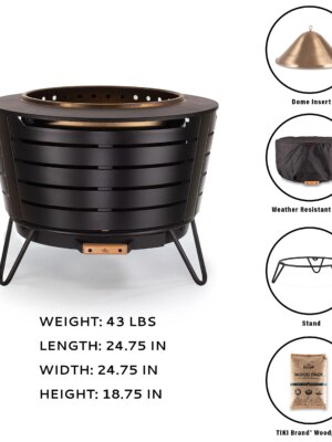 TIKI Brand 25″ Smokeless Patio Fire Pit, Stainless Steel, Easy Clean, Includes Stand & Cover