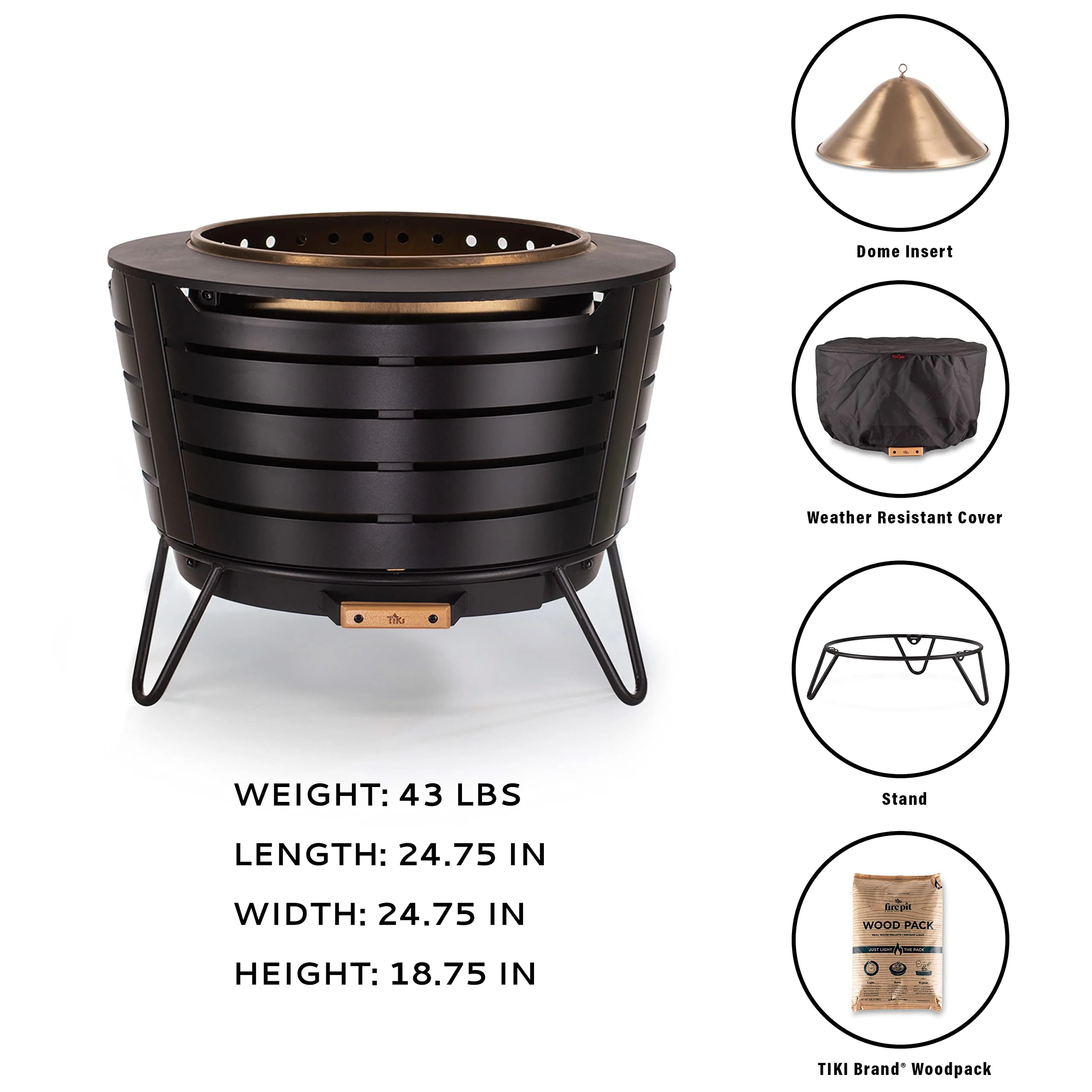 TIKI Brand 25" Smokeless Patio Fire Pit, Stainless Steel, Easy Clean, Includes Stand & Cover