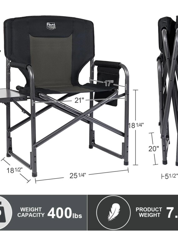 TIMBER RIDGE 2-Pack Oversized Lightweight Camping Chairs with Side Table, 400 lbs Capacity, Portable Folding Seats
