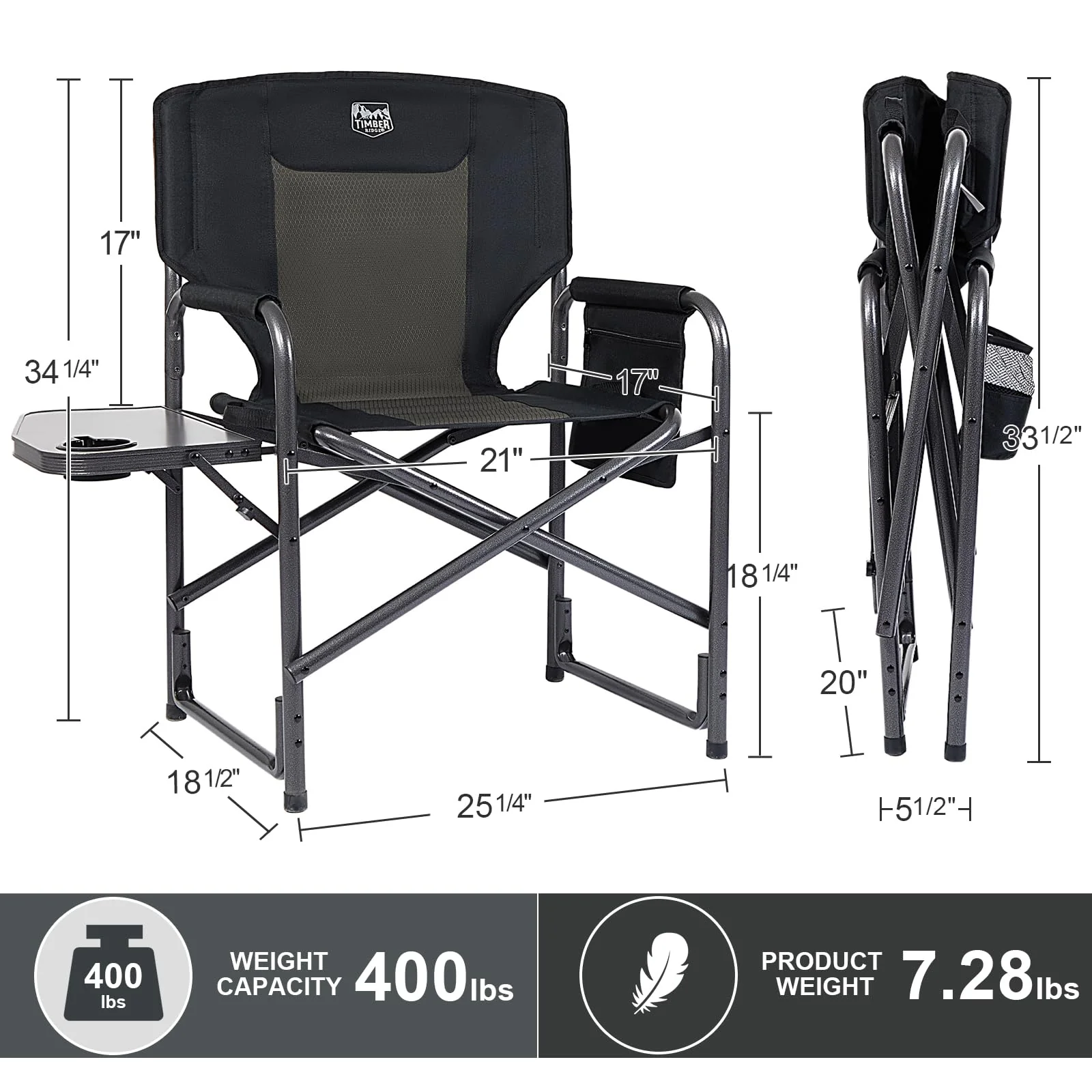 TIMBER RIDGE 2-Pack Oversized Lightweight Camping Chairs with Side Table, 400 lbs Capacity, Portable Folding Seats