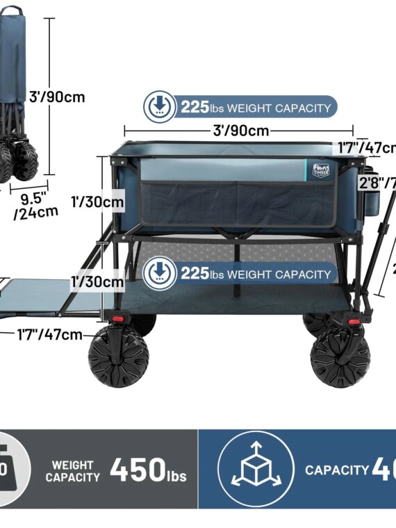 Timber Ridge Folding Double Decker Wagon, 450lbs Capacity, 54" Extended Shelf, All-Terrain Wheels, Compact Design