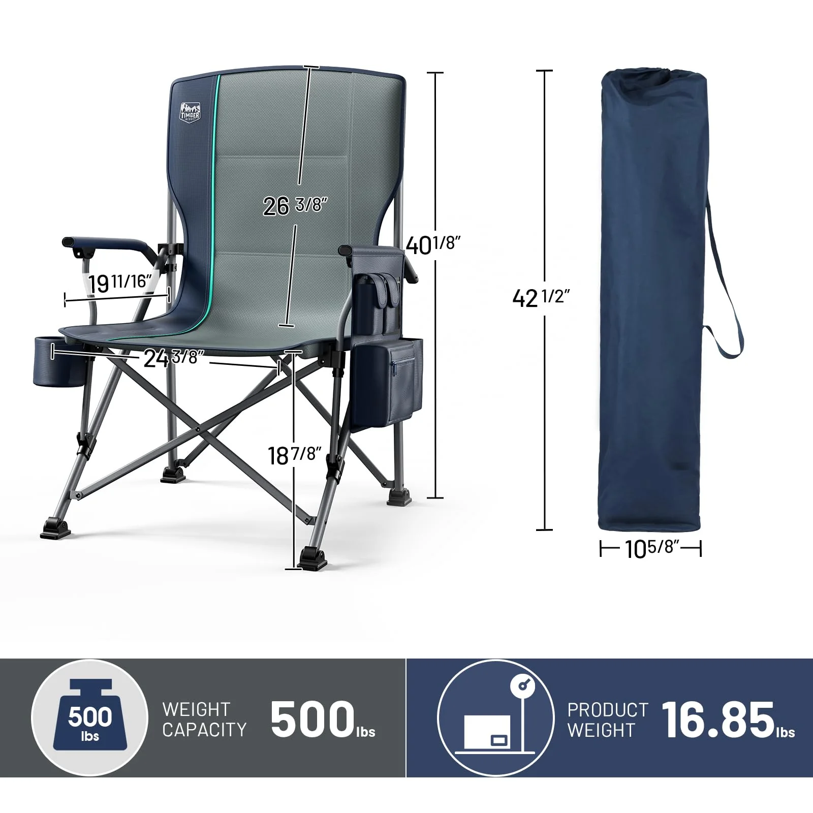 TIMBER RIDGE Oversized Folding Camping Chair, 500 lbs Capacity, Cup Holder, Padded Headrest, Steel Frame