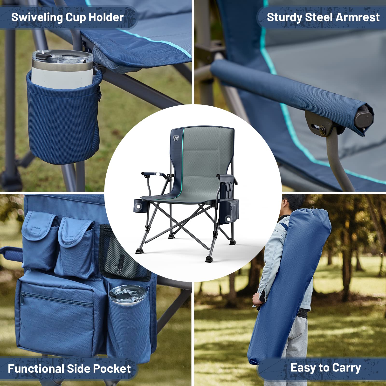TIMBER RIDGE Oversized Folding Camping Chair, 500 lbs Capacity, Cup Holder, Padded Headrest, Steel Frame