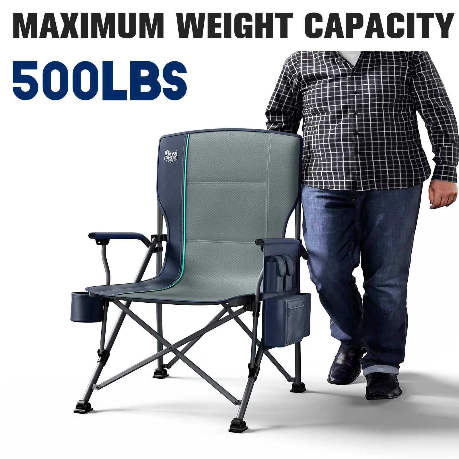 TIMBER RIDGE Oversized Folding Camping Chair, 500 lbs Capacity, Cup Holder, Padded Headrest, Steel Frame