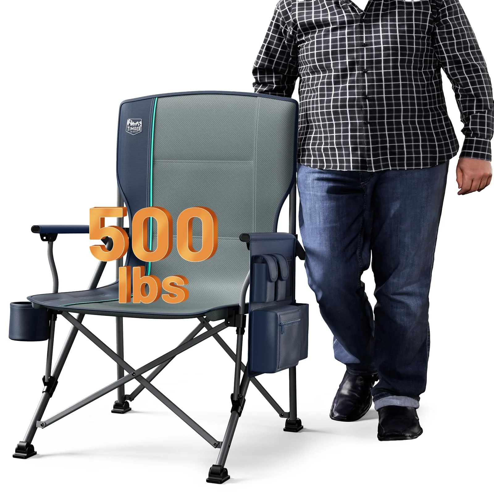 TIMBER RIDGE Oversized Folding Camping Chair, 500 lbs Capacity, Cup Holder, Padded Headrest, Steel Frame