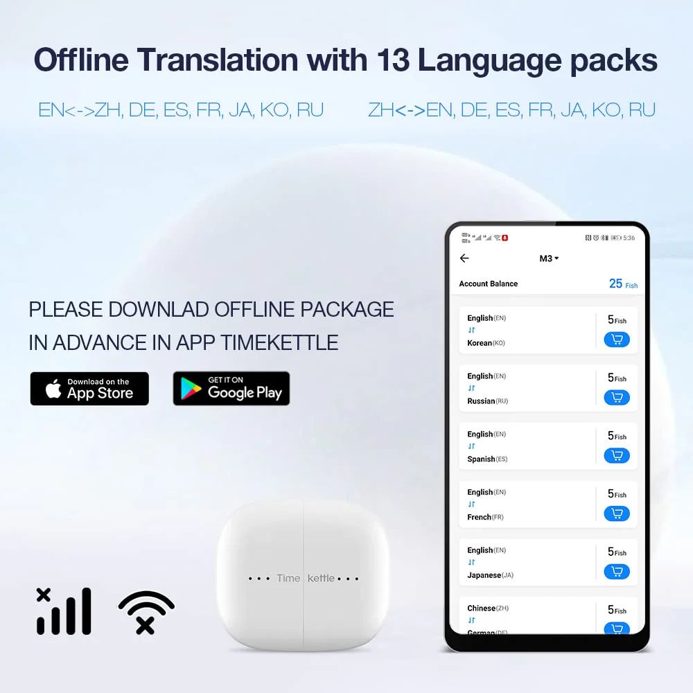 Timekettle M3 Translator Earbuds, 40-Language 2-Way Translation, Noise Cancellation, Bluetooth, 25hr Battery