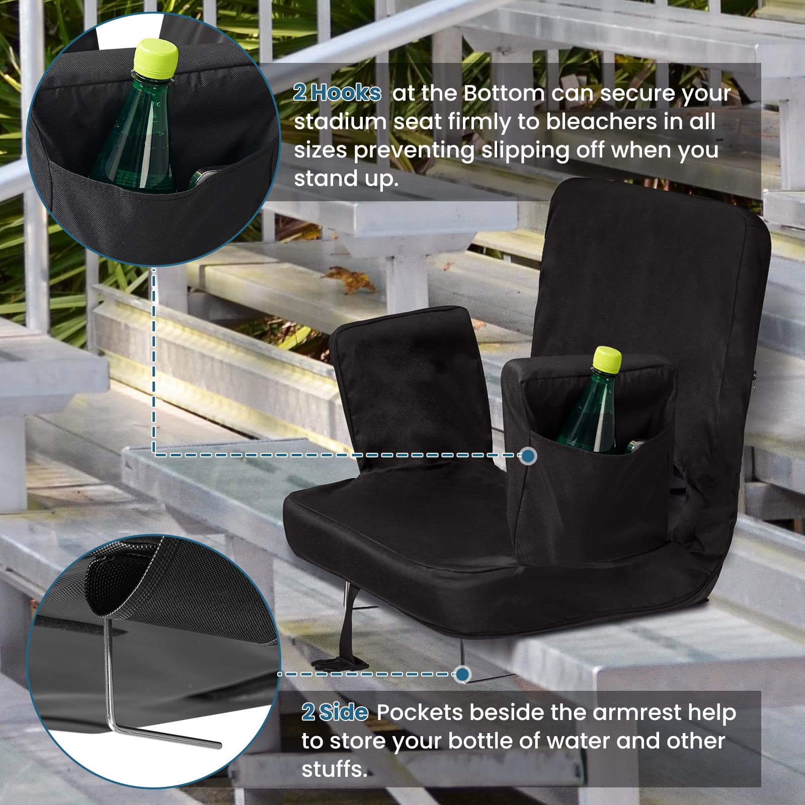 TOPSKY Stadium Seat with Reclining Back, 18.7" Width, Waterproof, Foldable, 3-Position Adjustable, 250 lbs Capacity