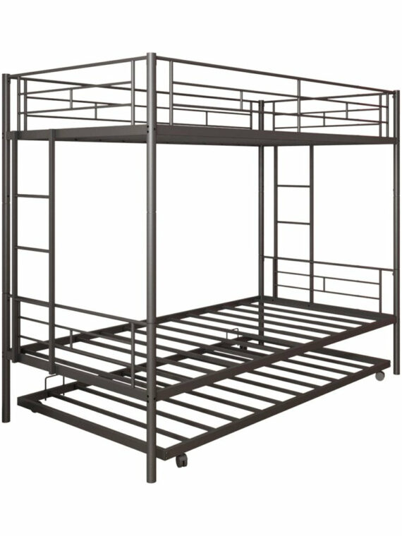 Uhomepro Twin Over Twin Metal Bunk Bed with Trundle, Sturdy Steel Frame, Modern Design, Black/Silver